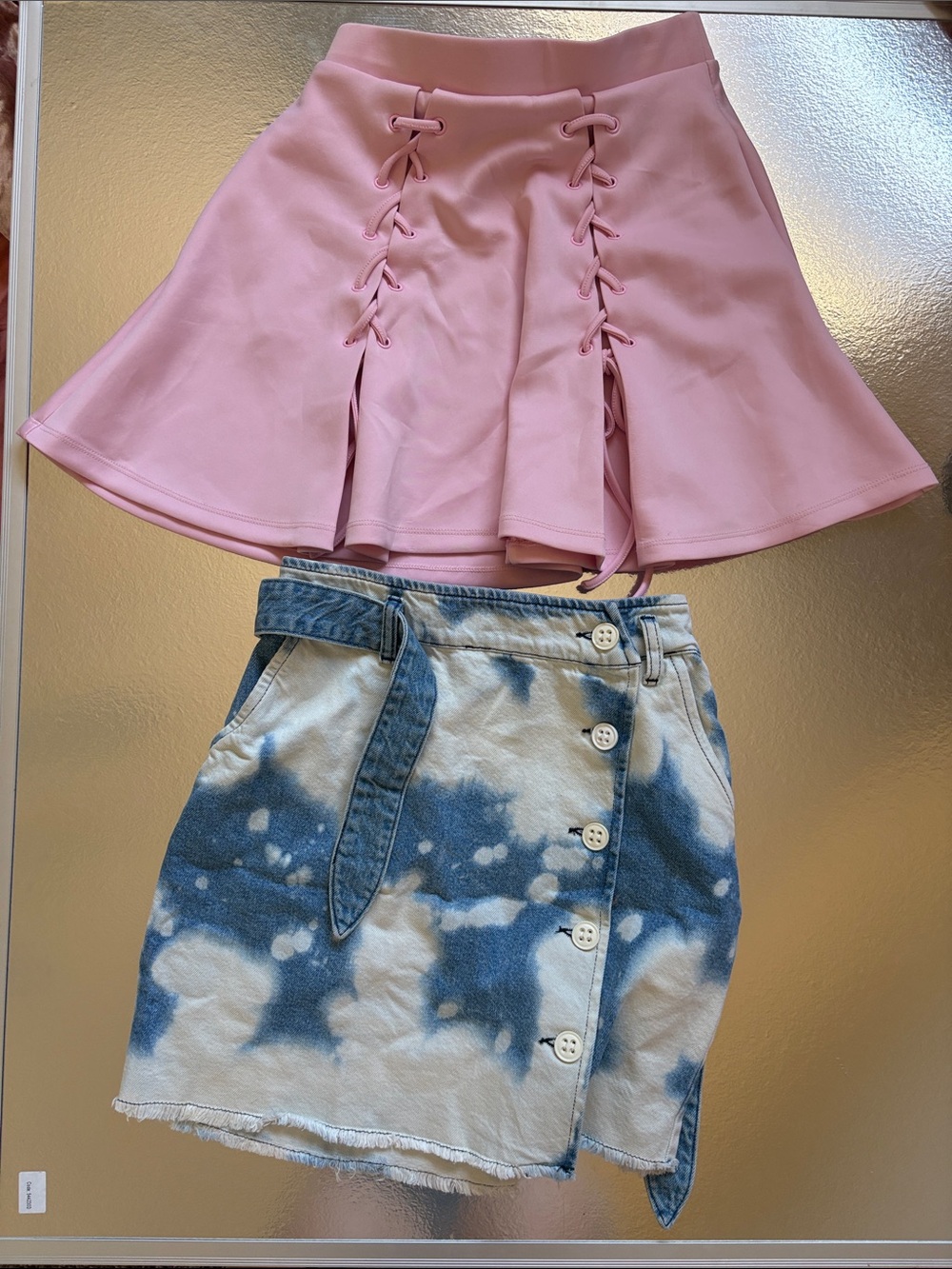 Skirt Bundle: BDG Tie Dye Jean Skirt, Hot Topic Pink Lace-Up Skirt